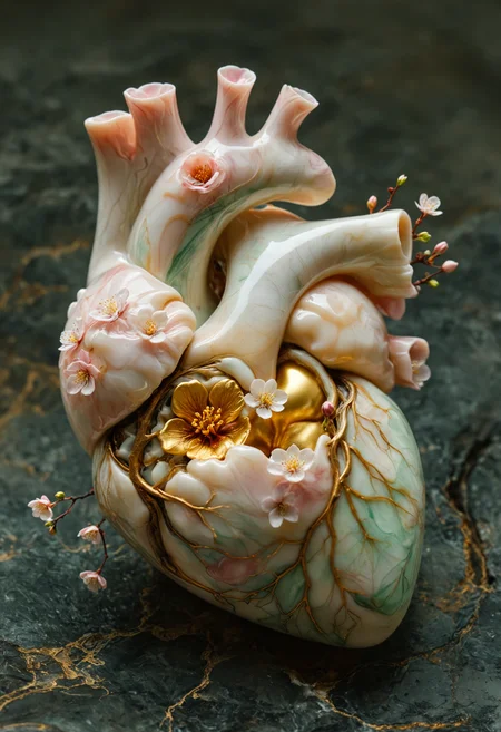 human heart with a creamy white and deep gold exterior resembling molten wax, with sinuous branching veins giving way to delicate cherry blossom branches and pale pink blooms on an alabaster marbled surface, nestled within a cavity a single rich red flower with accents of pale green leaves, blooms amidst shadowy darkened inner folds, <lora:DetailMaximizer:0.8>, <lora:MJ52_v2.0:1>, <lora:MJ52:0.3>