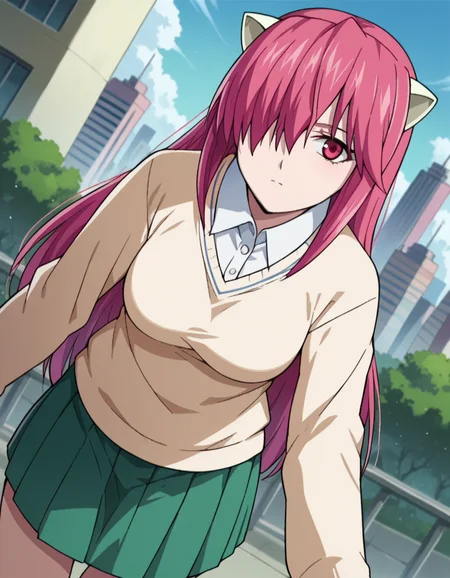 score_9, score_8_up, score_7_up, source_anime,
elfenliedlucy, <lora:elfen-lied-lucy-ponyxl-lora-nochekaiser:1>
lucy, long hair, pink hair, horns, pink eyes, hair over one eye,
long sleeves, sweater, skirt, green skirt, pleated skirt, shirt, white shirt, collared shirt, frills,
outdoors, cityscape, bent over,
looking at viewer, dutch angle, cowboy shot,