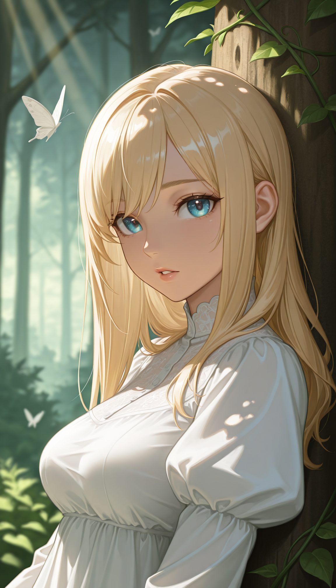 (dappled sunlight:1.2), rim light, backlit, dramatic shadow, 1girl, long blonde hair, blue eyes, shiny eyes, parted lips, medium breasts, puffy sleeve white dress, forest, flowers, white butterfly, looking at viewer, leaning side against tree, vines, green, arms, upper body, close-up, dutch angle, shiny skin, BREAK, eyes, lips, dramatic shadow, depth of field, vignetting, volumetric lighting