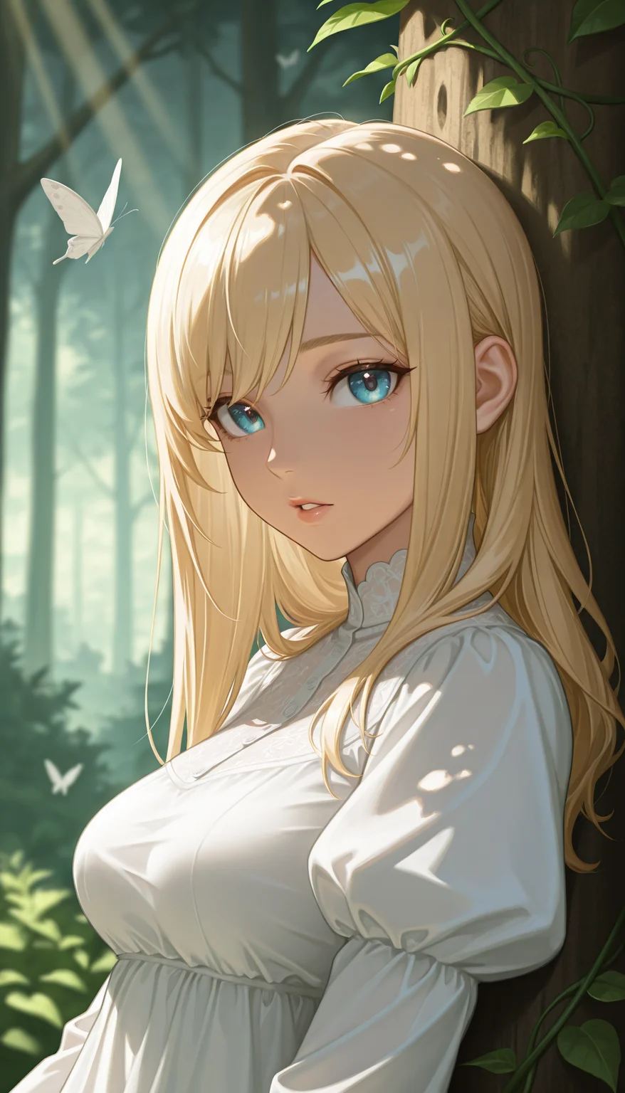 (dappled sunlight:1.2), rim light, backlit, dramatic shadow, 1girl, long blonde hair, blue eyes, shiny eyes, parted lips, medium breasts, puffy sleeve white dress, forest, flowers, white butterfly, looking at viewer, leaning side against tree, vines, green, arms, upper body, close-up, dutch angle, shiny skin, BREAK, eyes, lips, dramatic shadow, depth of field, vignetting, volumetric lighting