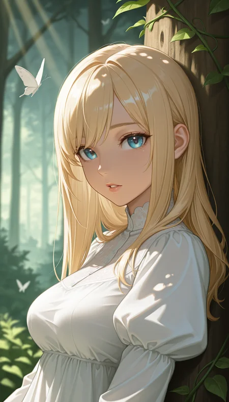 (dappled sunlight:1.2), rim light, backlit, dramatic shadow, 1girl, long blonde hair, blue eyes, shiny eyes, parted lips, medium breasts, puffy sleeve white dress, forest, flowers, white butterfly, looking at viewer, leaning side against tree, vines, green, arms, upper body, close-up, dutch angle, shiny skin, BREAK, eyes, lips, dramatic shadow, depth of field, vignetting, volumetric lighting