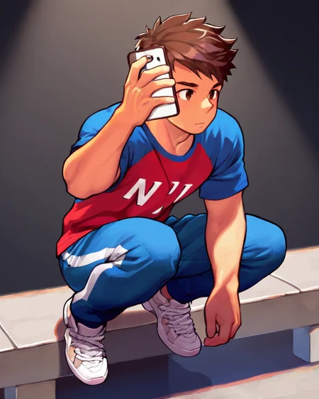 masterpiece, best quality, amazing quality, 1boy, solo, masterpiece, best quality, Brown Hair, Brown Eyes, red t-shirt, blue raglan sleeves, number 11 on shirt, blue pants, sneakers, squatting, on roof ledge, perching, smartphone, on phone, volumetric lighting, breeze style, muscular man, <lora:BreeStyleWv2:1>