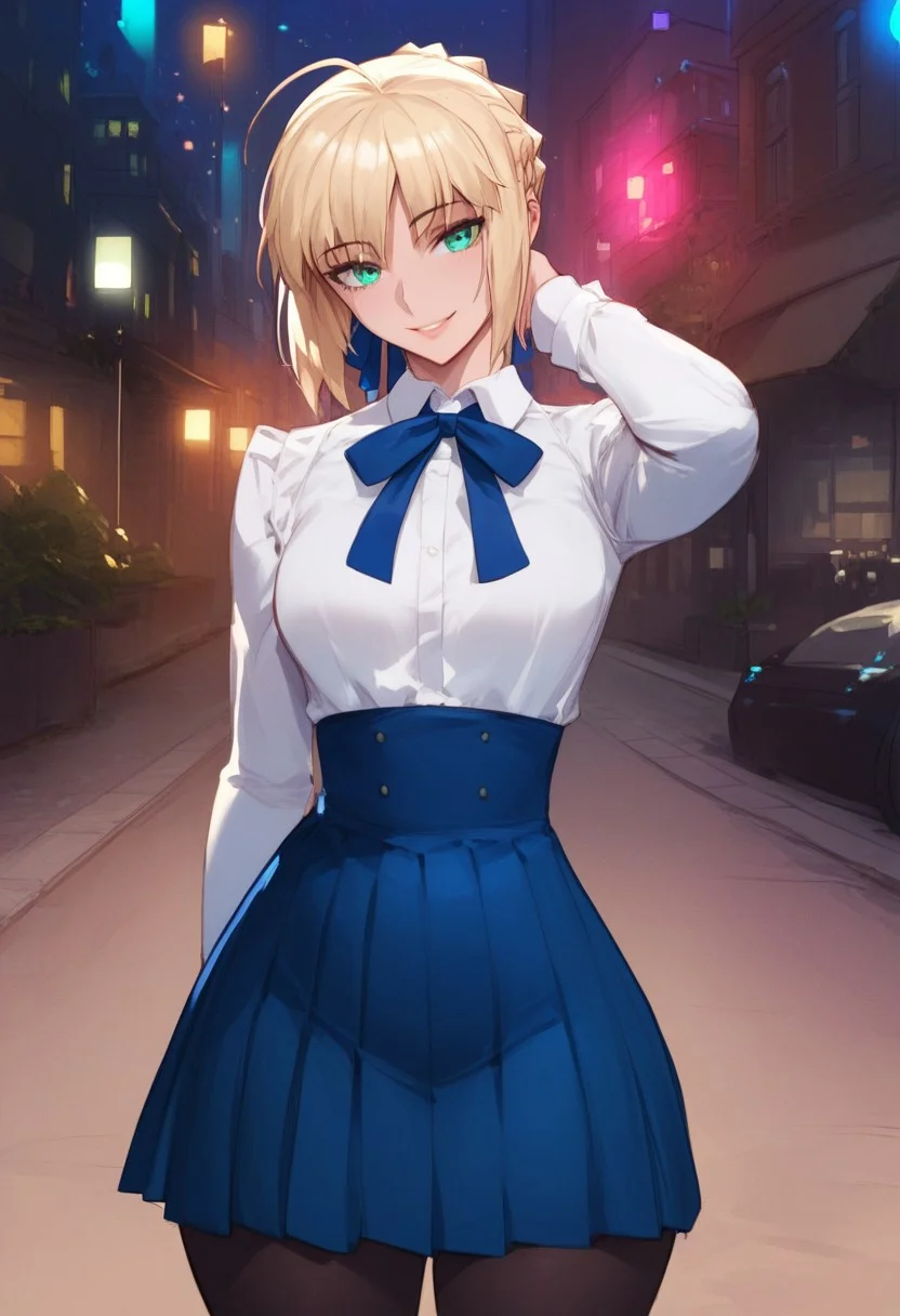 (score_9, score_8_up, score_7_up, high quality, best quality, ultra-detailed, very aesthetic, illustration, perfect composition, intricate details, absurdres, high res image, masterpiece, vibrant colors, beautiful face, detailed face, 1girl, solo focus, perfect eyes, detailed eyes), SaberCasual, female, green eyes, blonde hair, short hair, french braid, ahoge, light blush, pale skin, full lips, large thighs, perfect body, fit body, voluptuous, medium breasts, curvy body, narrow-waisted, wide hips, (white shirt, neck ribbon, long sleeves, high-waist skirt, blue skirt, black pantyhose), (teasing expression, small smile, suggestive pose), (outdoors, city, streets, night, lamppost)