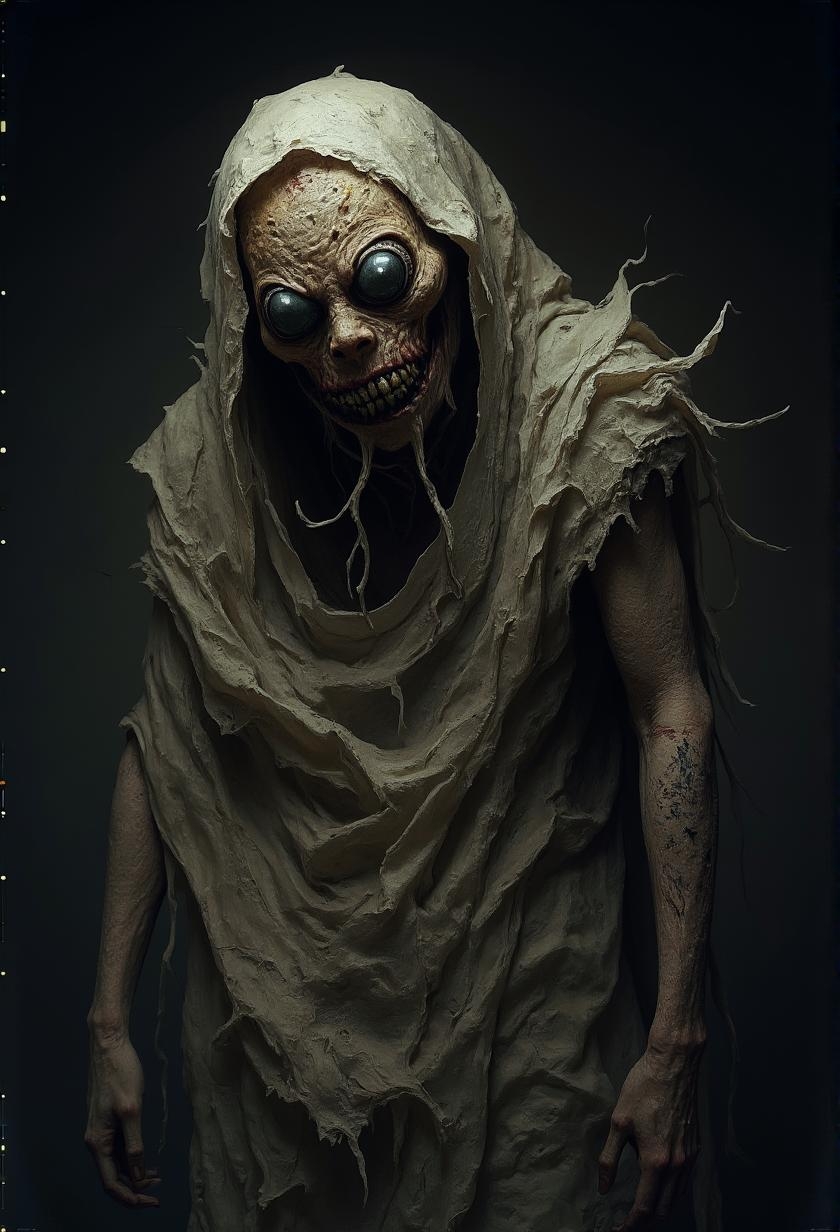 <lora:Green_cuties-000004.safetensors:1> A grainy, poorly lit image capturesThe image depicts a monstrous figure shrouded in tattered fabric, revealing only its twisted grin. Its right arm is distorted, covered in eyes that seem to writhe and pulse, set against a dark background that isolates the creature's nightmarish features.