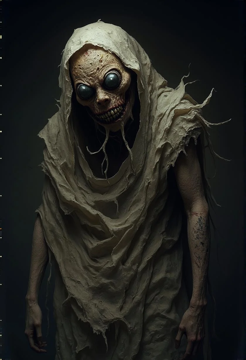 <lora:Green_cuties-000004.safetensors:1> A grainy, poorly lit image capturesThe image depicts a monstrous figure shrouded in tattered fabric, revealing only its twisted grin. Its right arm is distorted, covered in eyes that seem to writhe and pulse, set against a dark background that isolates the creature's nightmarish features.