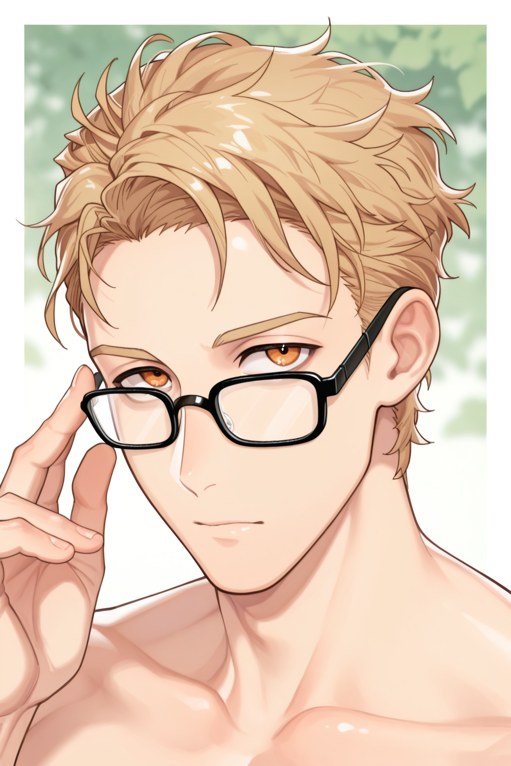 <lora:CCD-IL-000009:0.7>,CCD,<lora:quincy_epoch_10:0.8>,quincy,adjusting eyewear,forehead,black-framed eyewear,looking at viewer,portrait,bara,male focus,very awa,masterpiece,best quality,amazing quality,nsfw,uncersored,highres,best quality,amazing quality,best aesthetic,absurdres,