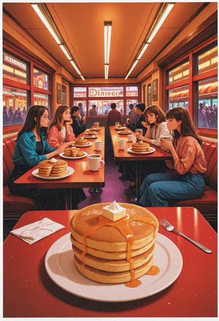 absurdres, high_quality, incredibly_absurdres, very aesthetic, film_grain, grainy_texture, vibrant, traditional_media, gradient, colorful_theme)
(Cuti3C0mics, crowd, border, diner, window, town, street, indoors, pancakes on plate, syrup, cappuccino, fork and spoon, napkin)