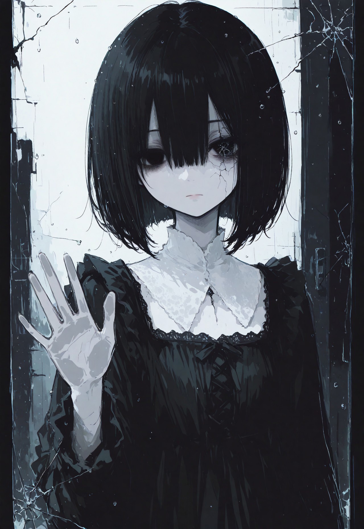 masterpiece,  best quality, good quality, very awa,  very aesthetic, absurdres, newest, 8k, HDR, focused subject, oc-chan_(ketopon), 1girl, solo, black hair, bob cut, hair between eyes, black eyes, solid eyes, expressionless, gazing at viewer, pale skin, goth fashion, frilled dress, high collard,lace trim, square neckline,upper body, straight on, indoors, standing behind window, looking out of window, cracked, (cracked glass on eye level:1.3), pressing one hand against window, open hand, backlighting, raindrops on glass, portrait, close up, from outside, blending, volumetric lighting, dithering,shot from outside, dark theme,chromatic aberration, limited palette, no lineart, no outline,painterly, blending, flat color, 15546+456868, r17329_illu,