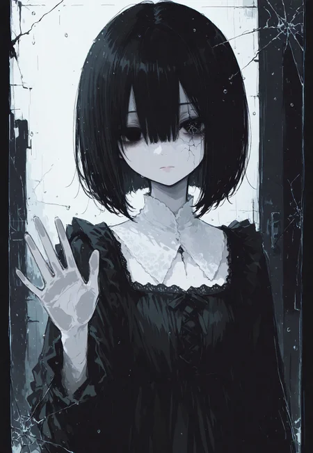 masterpiece,  best quality, good quality, very awa,  very aesthetic, absurdres, newest, 8k, HDR, focused subject, oc-chan_(ketopon), 1girl, solo, black hair, bob cut, hair between eyes, black eyes, solid eyes, expressionless, gazing at viewer, pale skin, goth fashion, frilled dress, high collard,lace trim, square neckline,upper body, straight on, indoors, standing behind window, looking out of window, cracked, (cracked glass on eye level:1.3), pressing one hand against window, open hand, backlighting, raindrops on glass, portrait, close up, from outside, blending, volumetric lighting, dithering,shot from outside, dark theme,chromatic aberration, limited palette, no lineart, no outline,painterly, blending, flat color, 15546+456868, r17329_illu,