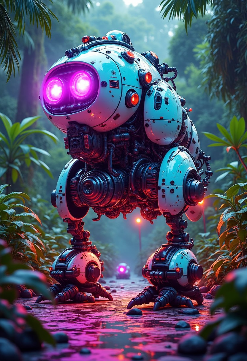 YFG-Zaat Vibrant sci-fi digital illustration, colorful robot with glowing purple eyes standing on a wet jungle path at dusk, illuminated by warm neon lights, lush green foliage and tropical plants, reflective puddles on the ground, pink and orange hues from artificial lights, robot's intricate design and vibrant colors, rich textures of wet ground and vegetation, overall a whimsical and futuristic scene with a magical atmosphere,