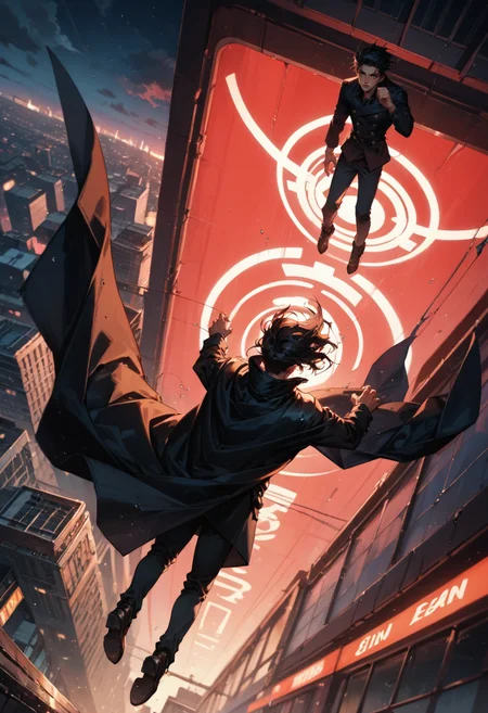 (score_9, score_8_up), score_7_up, 2boys, long black coat, tears, black hair, eyelashes, water droplets, cityscape, from above, high above, falling down, arms out, floating black cape, floating hair, falling, dynamic, dutch angle, blurry background, depth of field, DOF, red theme, night sky, gritty, dark lighting, cloudy, sparkles, chaotic, Cinematic quality rendering, Dynamic composition
<lora:DetailedEyes_V3:0.5> <lora:add-detail-xl:0.5>