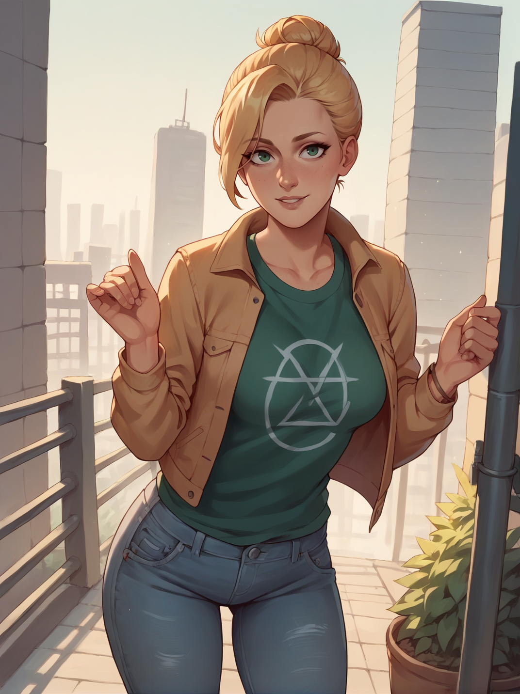score_9, score_8_up, score_7_up,,
1girl, solo, dynamic pose, dynamic angle, hands up, outdoors, light smile, cowboy shot, dutch angle, medium breasts, from side, sexy pose, looking at viewer, city, leaning forward, 
<lora:AZoeSplitFiction_character:0.8>, ZoeXL, blonde hair, hair bun, green eyes, denim, open jacket, pants, green shirt, <lora:Bonifasco_PonyXL_v1:0.6>
