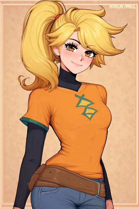 score_9, score_8_up, score_8, medium breasts, (curvy), cute, eyelashes, BREAK, , zzYellow, brown eyes, blonde hair, long hair, ponytail, bangs, orange tunic, brown belt, pants, <lora:Yellow_Pokemon_PDXL_v2:0.8>, , BREAK, <lora:Afrobull_PDXL_v4:0.8>, BREAK, smile, looking at viewer, closed mouth, cowboy shot, embedding:zPDXL, Expressiveh, <lora:SDXLFaeTastic2400:0.5>, <lora:Expressive_H-000001:0.4>,