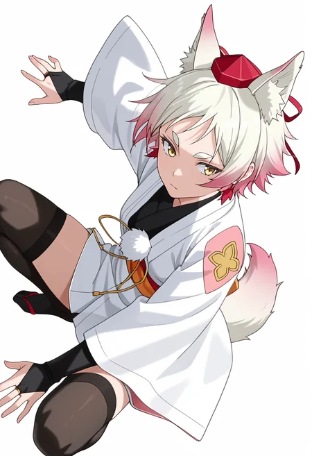Smooth Quality,masterpiece,very intricate, high quality details, ultra realistic, high detailed skin,detailed enviorement,absurdres,
simple background, white background,solo,
crouching, one hand on ground, other on knee, intense gaze, balanced stance, ,sideways,lonely,
<lora:Momiji_cnn:0.8> momijicnn,1girl, wolf ears, yellow eyes, white hair, pink hair, short hair, gradient hair, thick eyebrows,tokin hat, japanese clothes,white kimono,sash, black thighhighs, long sleeves, bridal gauntlets,earrings, pom pom (clothes), tail,