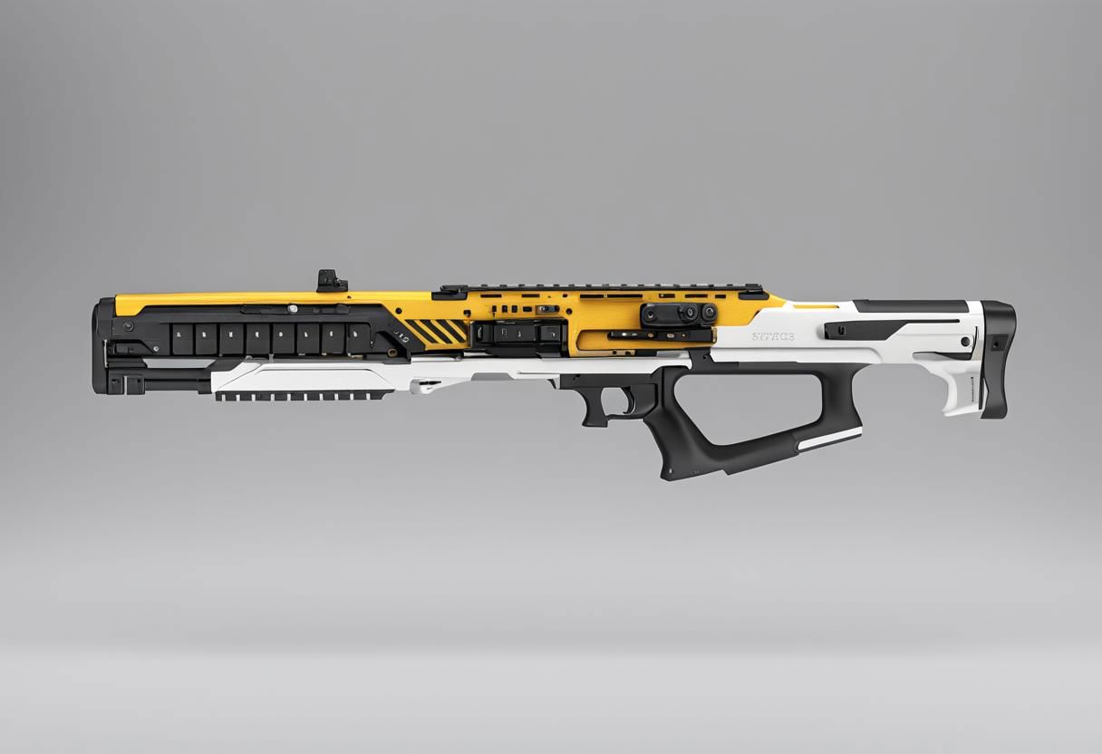 3D, sniper rifle, yellow and black stripes, metal white body and black grip