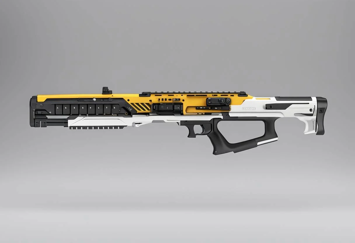 3D, sniper rifle, yellow and black stripes, metal white body and black grip