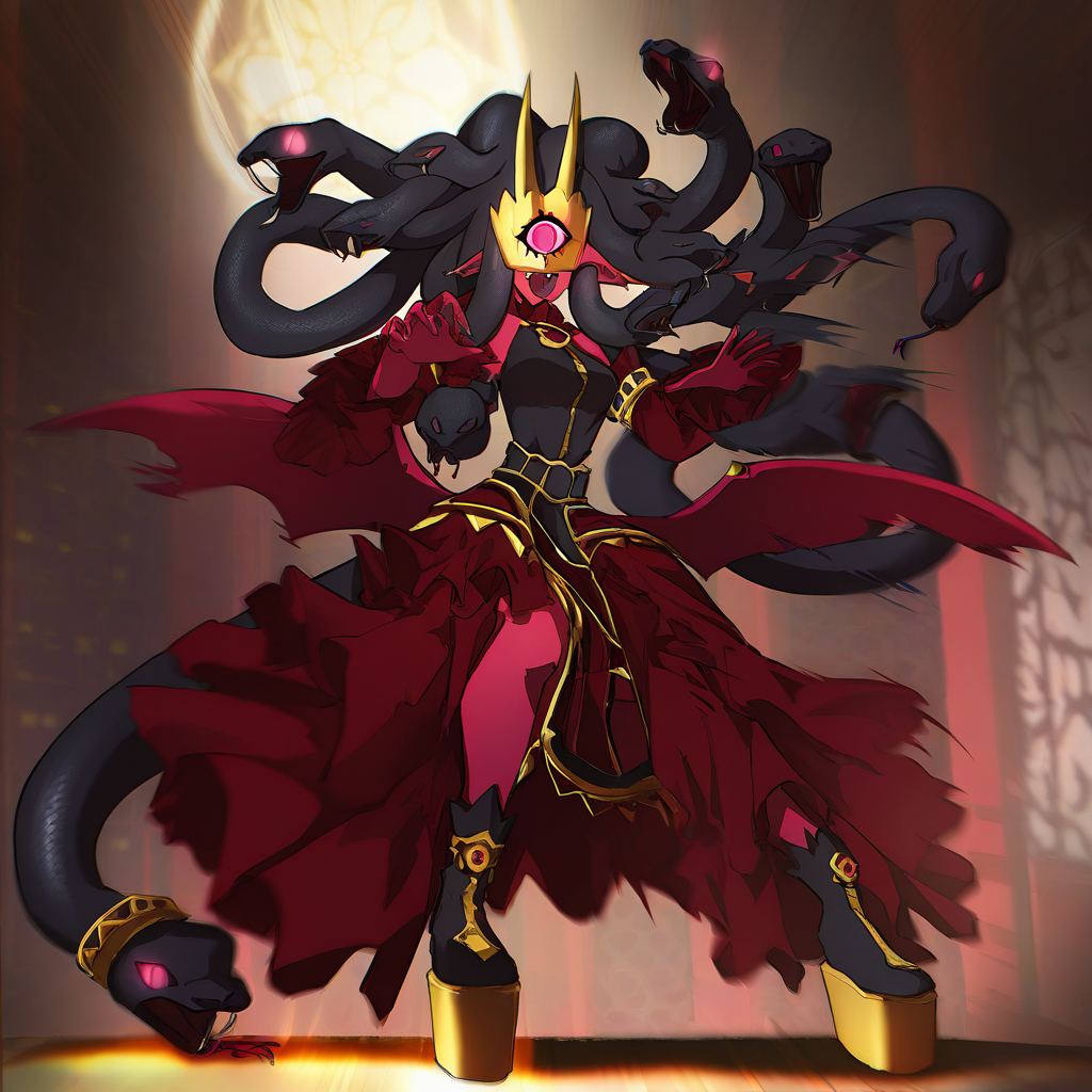 highres, best quality, masterpiece, very aesthetic, newest,1girl,solo,medusamon,snake hair,black snakes,golden horned mask,single eye,pointy ears,fangs artist:sorrowny <lora:MedusamonIllus:1> full body,dress,low wings,tail,platform footwear,motion lines,fighting stance,glowing eyes,aura,black aura,focused,indoors,fighting arena