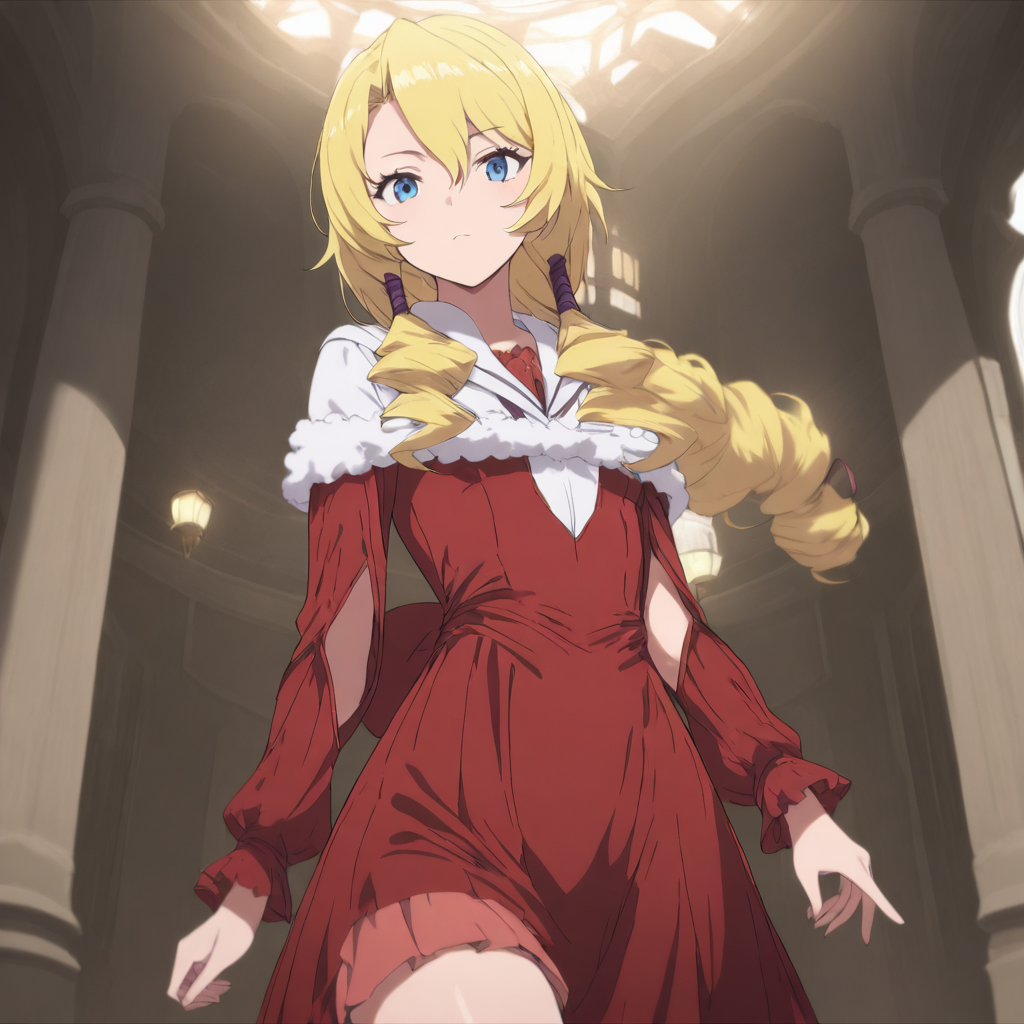 1girl,solo,looking at viewer,cowboy_shot,masterpiece,high score,great score,absurdres,red dress,<lora:Lashara_tmwg ag4o v1:1> lashara_tmwg, blonde hair, blue eyes,