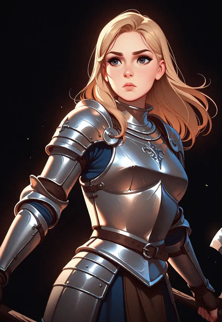Tsuaii, flat colors,high detailed, high quality, masterpiece,
1girl, upper body, (black background), dynamic lighting, standing, holding an axe, battle stance,
simple steel breastplate, medieval, knight, full plate armor,