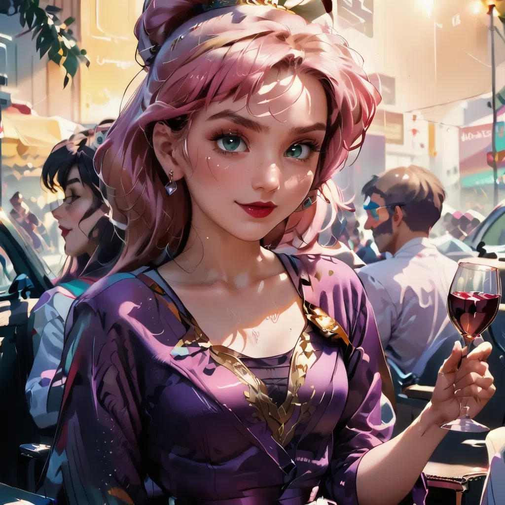 score_9_up, score_9, score_8_up, score_7_up, rating_explicit, 1girl, sexy 18 year old female, tight butt, short, small breasts, petite body, g0thicPXL, bedroom, elegant purple dress, holding a glass of wine, glass of burgundy wine, sipping on wine, jewelry, eyeshadow, mascara, lipstick, blushing, sitting, legs crossed, Nene Romanova, Short, vibrant pink hair styled in a bob cut, Bright green eyes, Fair skin, AD Police uniform consisting of a blue blazer, white shirt, red tie, and matching skirt, Occasionally seen in her pink and white hardsuit with a visor, Youthful and energetic appearance, Often depicted with a cheerful expression,