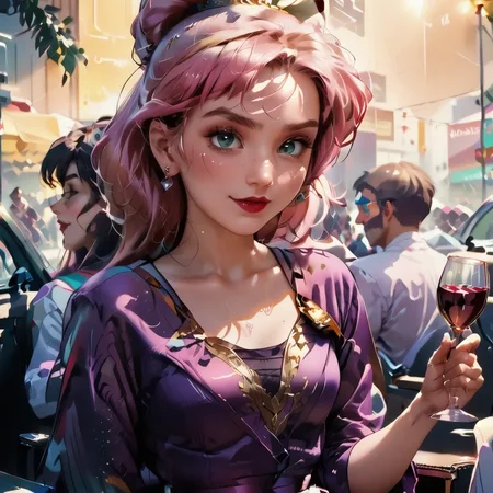 score_9_up, score_9, score_8_up, score_7_up, rating_explicit, 1girl, sexy 18 year old female, tight butt, short, small breasts, petite body, g0thicPXL, bedroom, elegant purple dress, holding a glass of wine, glass of burgundy wine, sipping on wine, jewelry, eyeshadow, mascara, lipstick, blushing, sitting, legs crossed, Nene Romanova, Short, vibrant pink hair styled in a bob cut, Bright green eyes, Fair skin, AD Police uniform consisting of a blue blazer, white shirt, red tie, and matching skirt, Occasionally seen in her pink and white hardsuit with a visor, Youthful and energetic appearance, Often depicted with a cheerful expression,