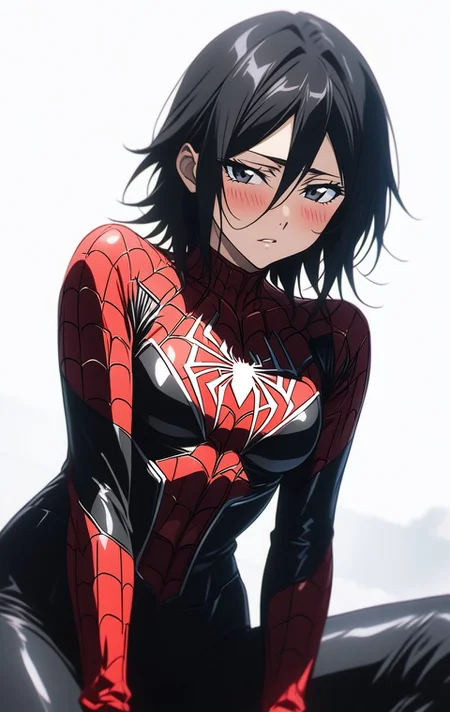 1girl,BREAK source_anime, Rukia Kuchiki from Bleach, black hair,
spiderman suit ,spiderman logo, seductive,gorgeous,stunning,simple background,white background,blush,high resolution textures,cinematic,extremely detailed <lora:Spiderman_Suit:0.7>