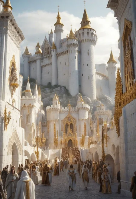 A city made of white marble, castle, has golden decorations, detailed, 4k, cinematic lighting, people in the street wearing medieval clothes