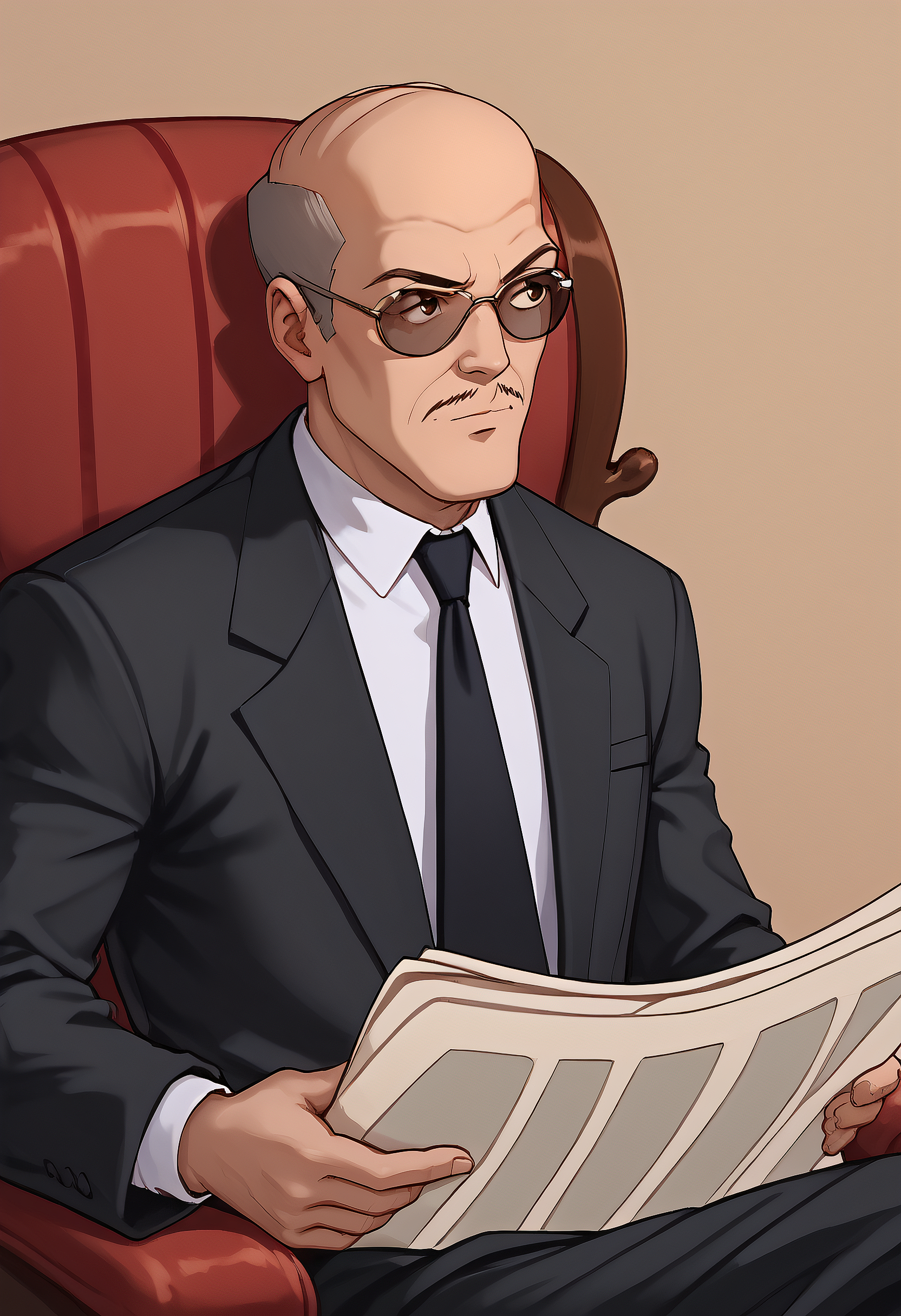 embedding:Pony\Positive\zPDXL3, score_9, score_8_up, score_7_up, 1boy, jerry_ts!, bald, grey hair, brown eyes, slim, mustache, facial hair, black suit, formal, tie, sunglasses, TomReadingTheNewspaper, sitting, newspaper, chair, reading, best quality, high resolution, masterpiece.