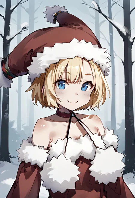 Witch, solo,fur-trimmed sleeves, hat, pantyhose, fur-trimmed dress, fur-trimmed red
clothes, fur-trimmed headwear, fur-trimmed boots , red footwear, bare shoulders, pom pom \(clothes\), choker, detached sleeves,kind smile,cheek,upper body,close-up face,outdoor,forest,