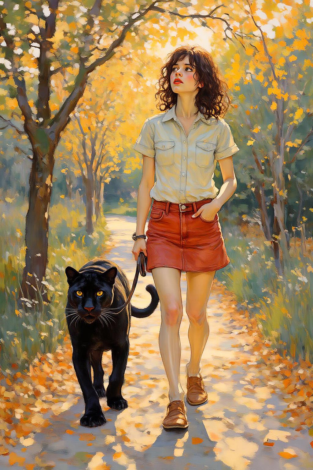 kaoruyamada1 painting.
A woman, wearing a short-sleeved shirt and red jean miniskirt, walking a black panther, one hand in her pocket, the other hand holding the pather's leash.  She is looking upward at the falling leaves. <lora:kaoruyamada1_f16e9:1.0><lora:868828991484624077:0>