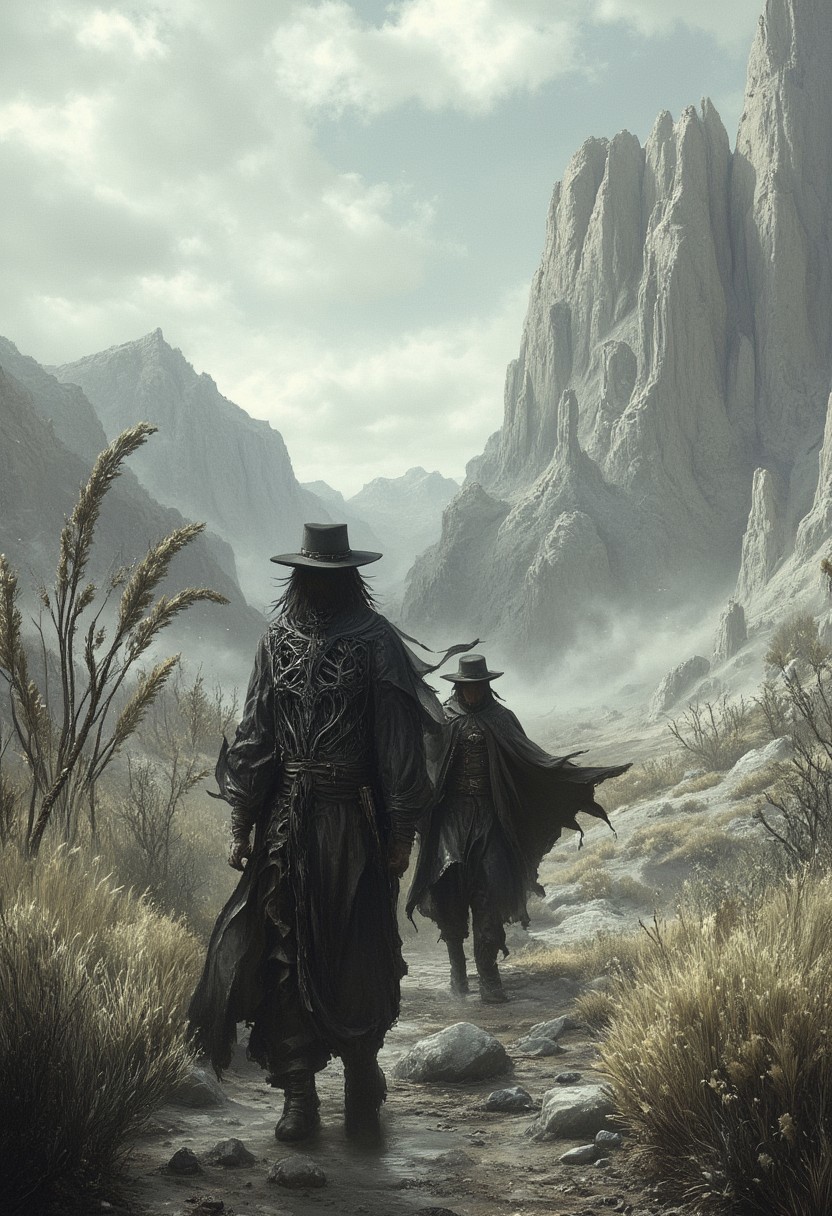 2men, 1man wearing gunslinger clothes in the foreground, 1man wearing black clothes in the background. The man in black fled across the desert and the gunslinger followed. The desert was the apotheosis of all deserts, huge, standing to the sky for what might have been parsecs in all directions. White; blinding; waterless; without feature save for the faint, cloudy haze of the mountains which sketched themselves on the horizon and the devil-grass which brought sweet dreams, nightmares, death.
mystical touch, dread atmosphere, sense of suspense and wonder, view from above, 
(score_9, score_8_up:1.1), score_7_up, (reflective volumetric), raytracing, absurdres, dark, low-key, ArsMJStyle, dnddarkestfantasy,