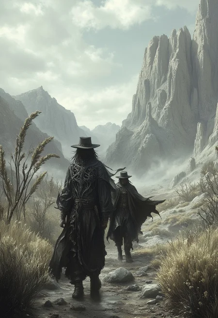 2men, 1man wearing gunslinger clothes in the foreground, 1man wearing black clothes in the background. The man in black fled across the desert and the gunslinger followed. The desert was the apotheosis of all deserts, huge, standing to the sky for what might have been parsecs in all directions. White; blinding; waterless; without feature save for the faint, cloudy haze of the mountains which sketched themselves on the horizon and the devil-grass which brought sweet dreams, nightmares, death.
mystical touch, dread atmosphere, sense of suspense and wonder, view from above,
(score_9, score_8_up:1.1), score_7_up, (reflective volumetric), raytracing, absurdres, dark, low-key, ArsMJStyle, dnddarkestfantasy,