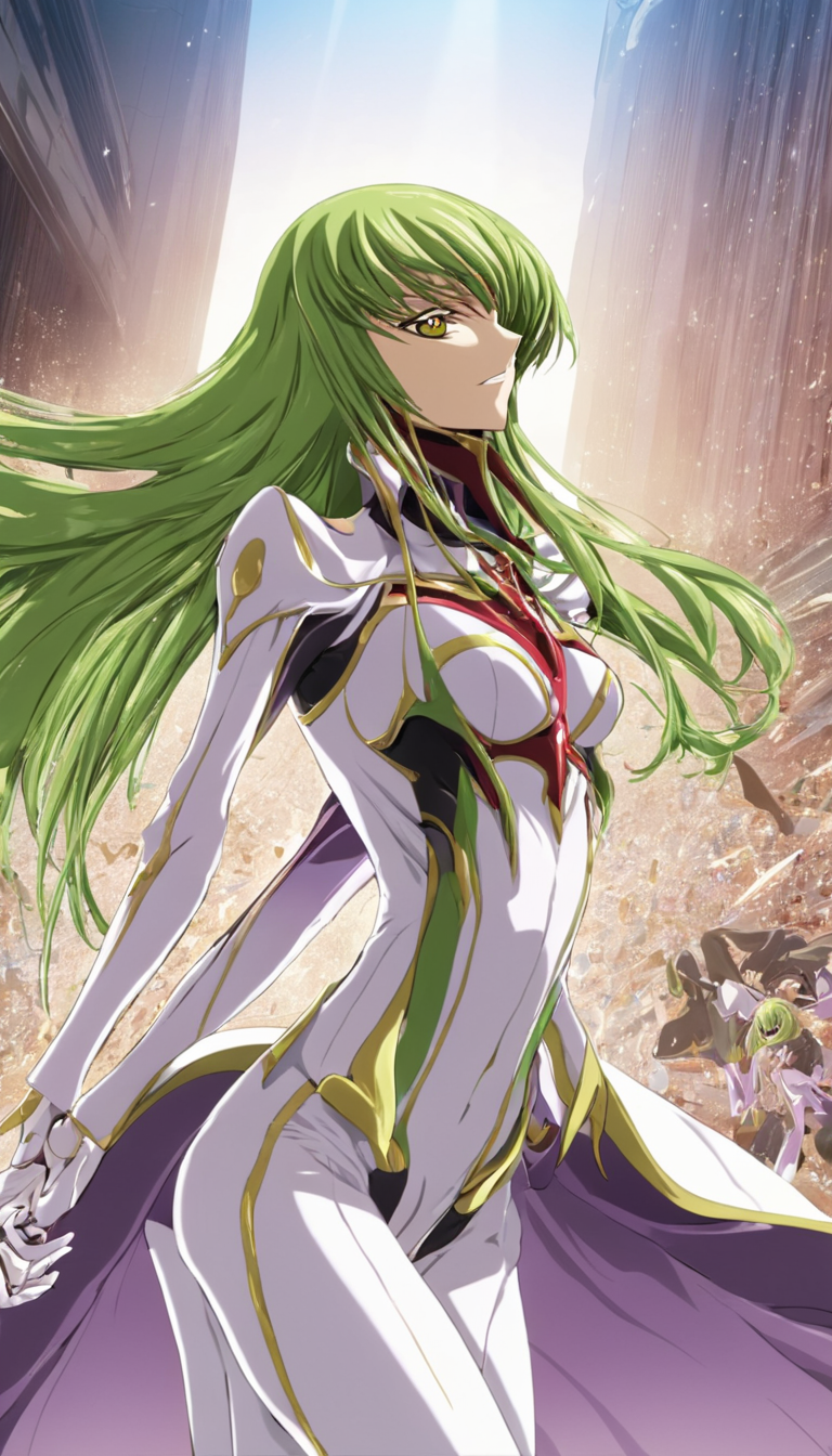 Cinematic scene, hero view, C.C., Code Geass, action pose, detailed background, masterpiece, best quality, high quality, absurdres <lora:cc:1>