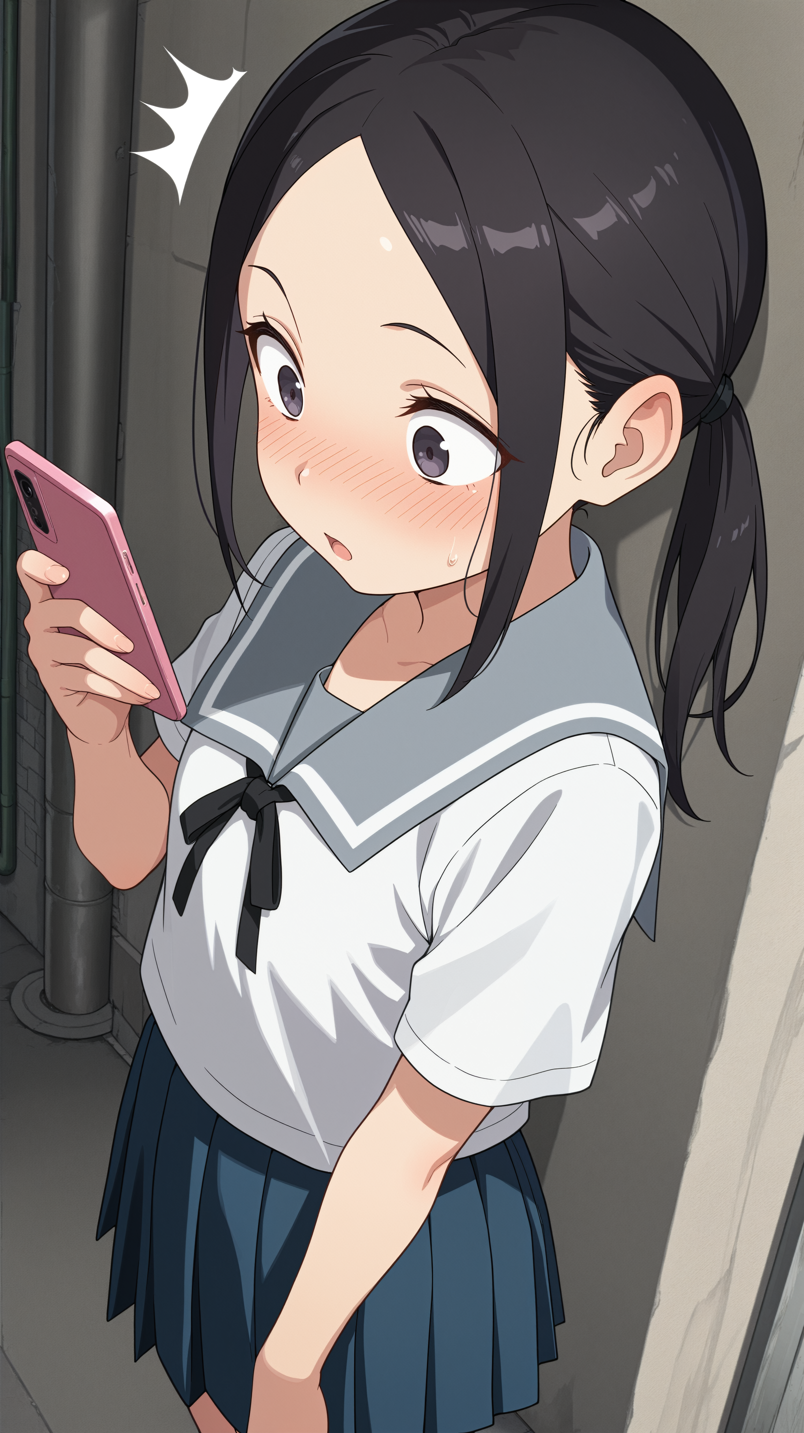 masterpiece, best quality, amazing quality, girl, <lora:Manana Nonomura - Illu-000004:0.8>, black hair, dark purple eyes, sidelocks, twintails, parted hair, forehead, school uniform, grey collar, black ribbon, blue skirt, pleated skirt, looking at smartphone, surprised, blush, back alley,