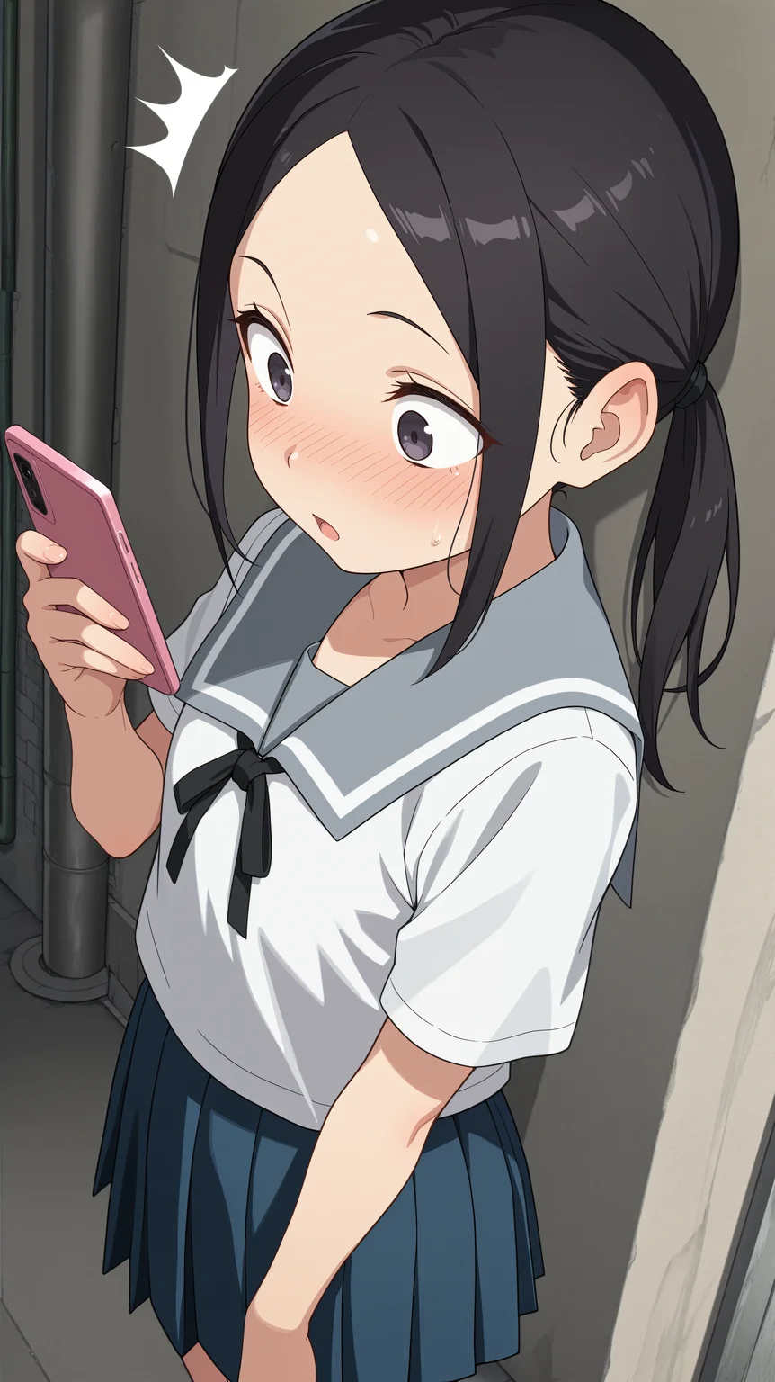 masterpiece, best quality, amazing quality, girl, <lora:Manana Nonomura - Illu-000004:0.8>, black hair, dark purple eyes, sidelocks, twintails, parted hair, forehead, school uniform, grey collar, black ribbon, blue skirt, pleated skirt, looking at smartphone, surprised, blush, back alley,