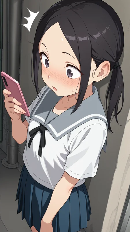 masterpiece, best quality, amazing quality, girl, <lora:Manana Nonomura - Illu-000004:0.8>, black hair, dark purple eyes, sidelocks, twintails, parted hair, forehead, school uniform, grey collar, black ribbon, blue skirt, pleated skirt, looking at smartphone, surprised, blush, back alley,