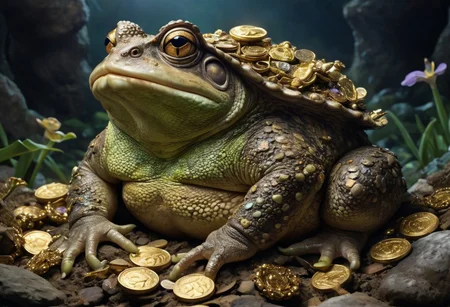 A (((giant))) monstrously enormous toad relaxing on a pile of treasure, enormous house sized toad looming over the pile, hoard of treasure with tiny coins, jewels and many golden things, intricate golden eyes, ((perfect amphibian iris)), (absurd detail, high quality, masterpiece), dark fantasy, night, real graphics,