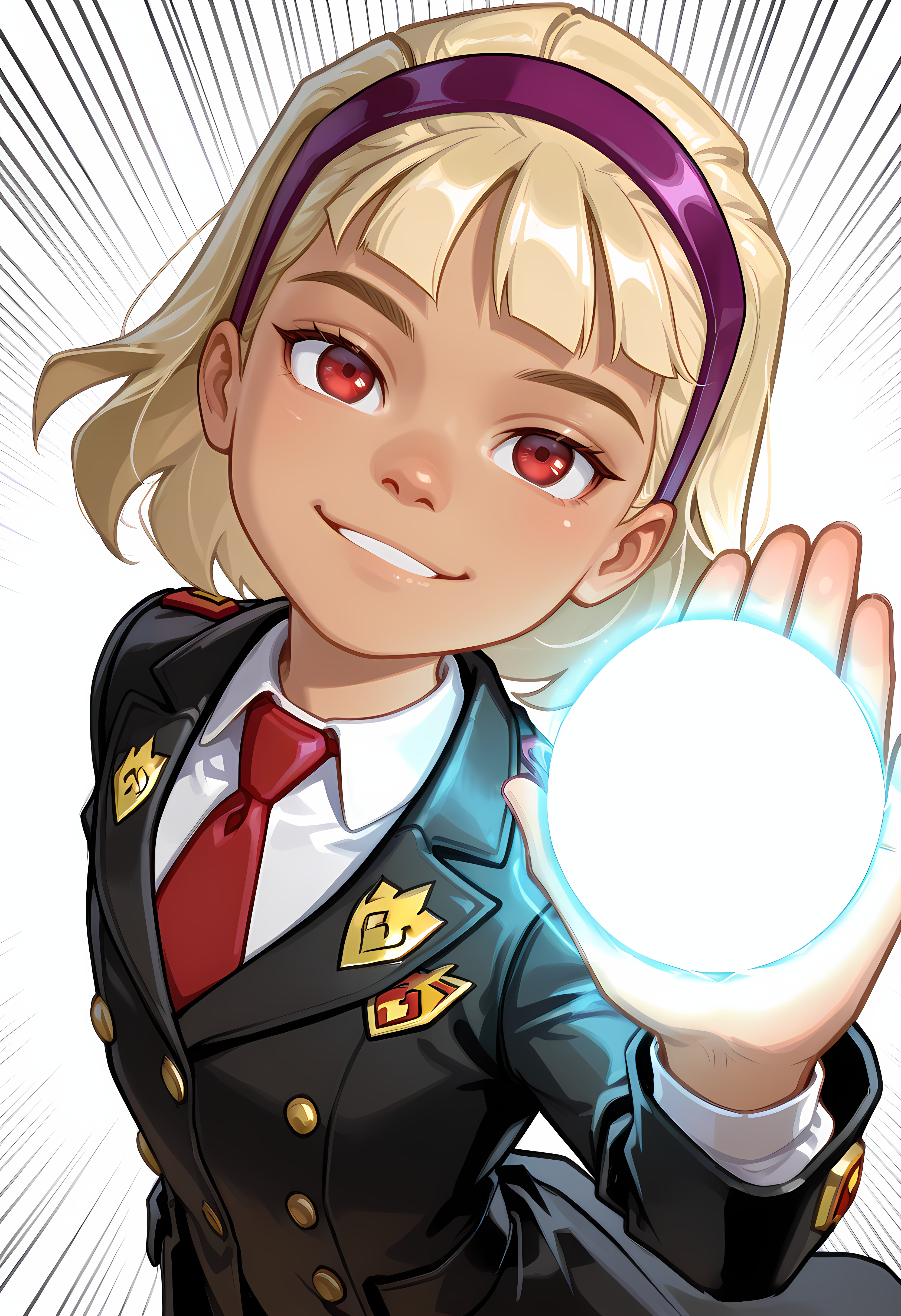 , DC__Young_Justice_Child, 1girl, blond hair, red eyes, purple hairband, white shirt, black coat, red tie, insignia on coat, smile,  looking up at viewer, from above, arched back, cowboy shot, solo, ,, child <lora:justice_girl_childILL:1> <lora:Biden_Blast__Meme_Pose_Concept__IllustriousXL_and_NoobAI:1> bidenblast, incoming attack, emphasis lines, glowing, energy ball, foreshortening, upper body, expressionless, parted lips, white background, simple background, looking at viewer,, (portrai shot, upper body)