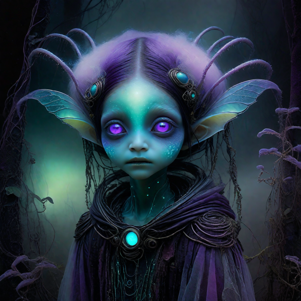albedo, echelier, restart, alien creature, Bioluminescent skin with subtle metallic hints, Ethereal and atmospheric, Color splash rim highlights, Hazy dreamlike fog in the background, Muted Pastel Grunge alien_wanderer, <lora:artfully_YOUNGALIEN_SDXL:0.8>,