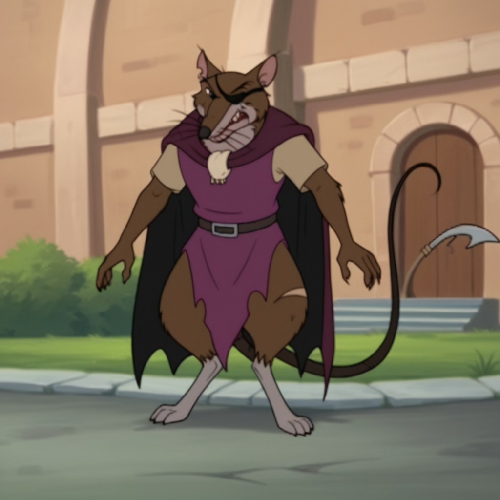 score_9, score_8_up, score_7_up, score_6_up, score_5_up, score_4_up, source_furry, ClunyRW, semi-anthro, male, rat, brown fur, jewelry, earring, purple cloak,  belt, purple tunic, short sleeves, torn clothes, eye patch, standing, outside,