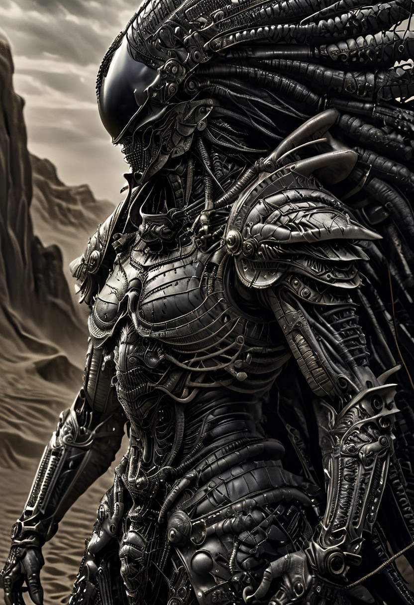 stunning, magnificent, HD, photorealistic, samurai, dramatic lighting, solo, standing alone in a desert, intricate details, intricate armor, intense gaze, mythical, legendary, powerful, ((dark, evening)), cinematic, close-up, art by hr giger,
 armor, science fiction, no humans,
 vintage painting,painting,realism,Americana art,artistic style