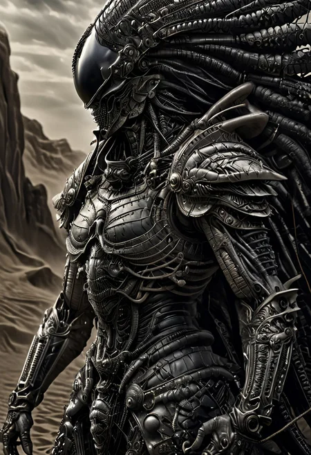stunning, magnificent, HD, photorealistic, samurai, dramatic lighting, solo, standing alone in a desert, intricate details, intricate armor, intense gaze, mythical, legendary, powerful, ((dark, evening)), cinematic, close-up, art by hr giger,
armor, science fiction, no humans,
vintage painting,painting,realism,Americana art,artistic style