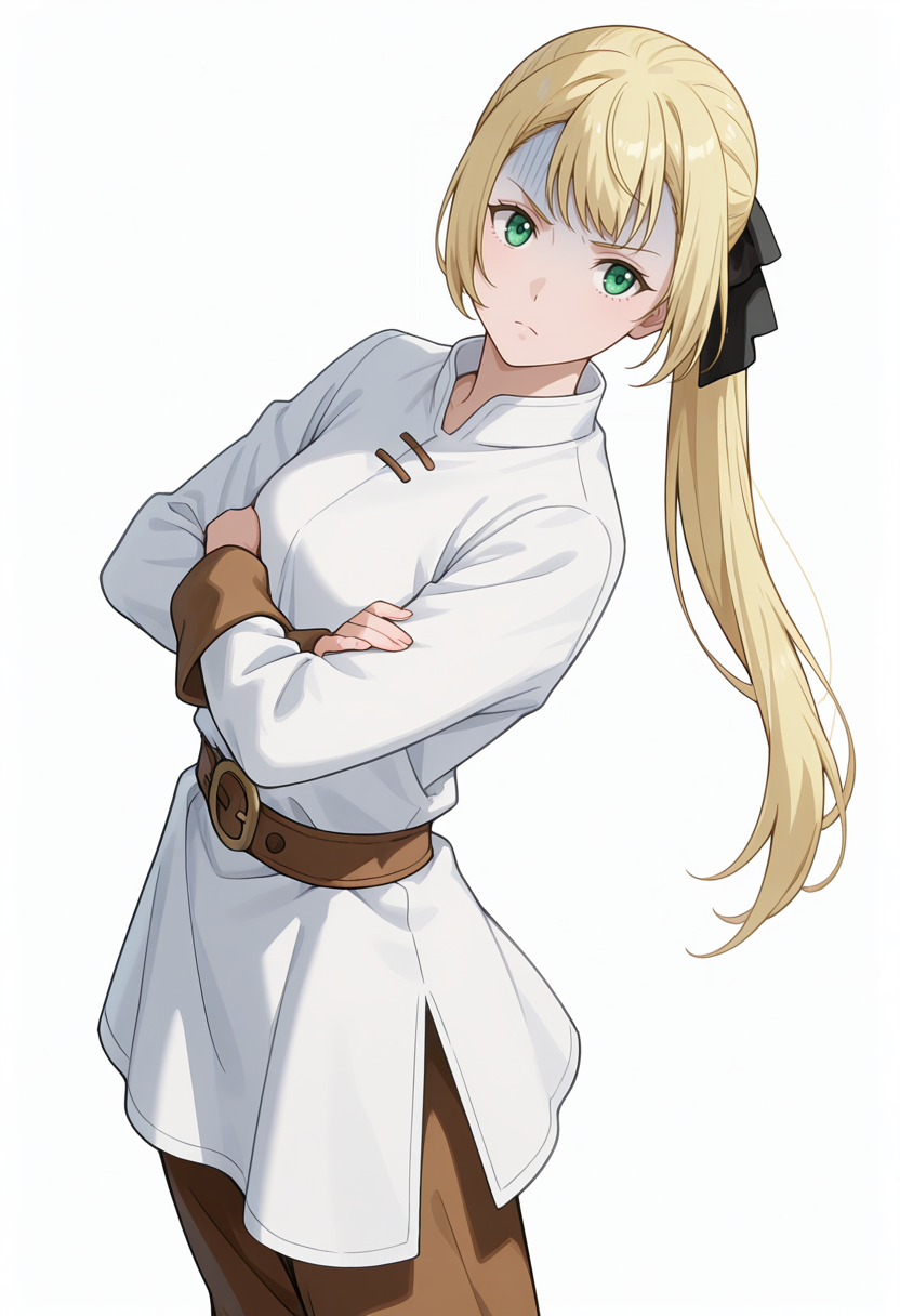 Smooth Quality,masterpiece,very intricate, high quality details, ultra realistic, high detailed skin,detailed enviorement,absurdres,
simple background, white background, 
sideways,standing, arms crossed, head tilt, serious, balanced stance, confident,  ,turn pale,
tunic,  ,peacoat,  ,flared pants,  ,
 <lora:Rituscnn:0.8> rituscnn, 1girl, blonde hair, green eyes, long hair, ponytail,