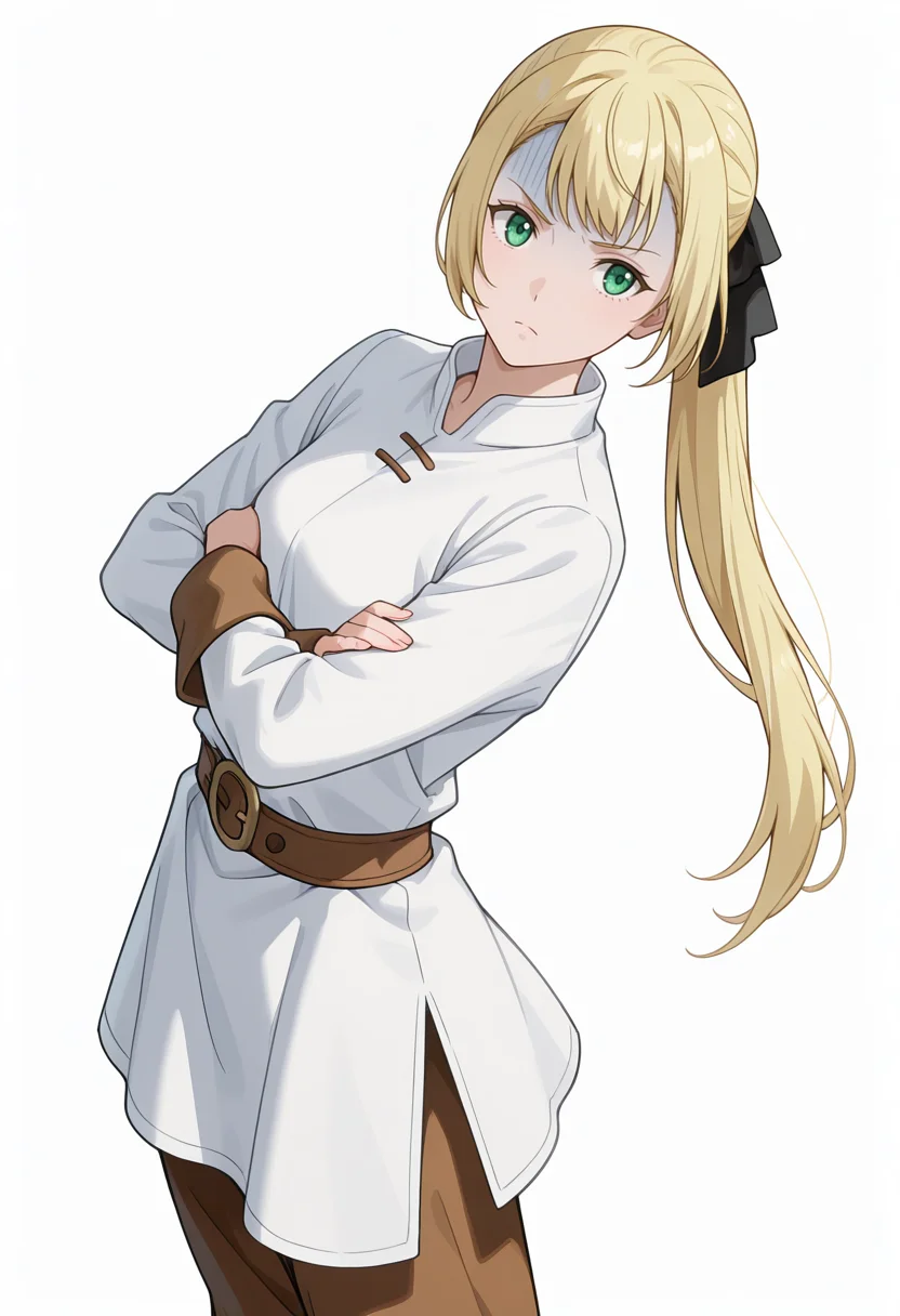 Smooth Quality,masterpiece,very intricate, high quality details, ultra realistic, high detailed skin,detailed enviorement,absurdres,
simple background, white background, 
sideways,standing, arms crossed, head tilt, serious, balanced stance, confident,  ,turn pale,
tunic,  ,peacoat,  ,flared pants,  ,
 <lora:Rituscnn:0.8> rituscnn, 1girl, blonde hair, green eyes, long hair, ponytail,