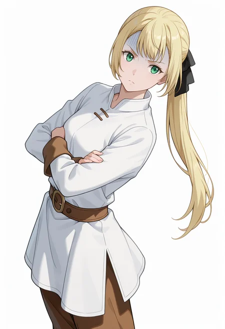 Smooth Quality,masterpiece,very intricate, high quality details, ultra realistic, high detailed skin,detailed enviorement,absurdres,
simple background, white background, 
sideways,standing, arms crossed, head tilt, serious, balanced stance, confident,  ,turn pale,
tunic,  ,peacoat,  ,flared pants,  ,
 <lora:Rituscnn:0.8> rituscnn, 1girl, blonde hair, green eyes, long hair, ponytail,