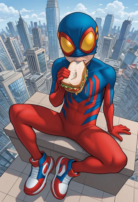 1boy, male focus, cute boy, BaileyBriggs, Mask, Yellow Eyes, Spiderboy Costume, Two-tone Bodysuit, Red Bodysuit, Blue Bodysuit, Red Blue Sneakers, cinematic, intricately detailed illustration, depth of field, masterpiece, best quality, amazing quality, very aesthetic, absurdres, newest, very awa, shadow, dynamic angle, casual cosplay, sitting on rooftop, skyscraper, city skyline, eating a sandwich, maskLiftConcept, Mask above nose, freckles