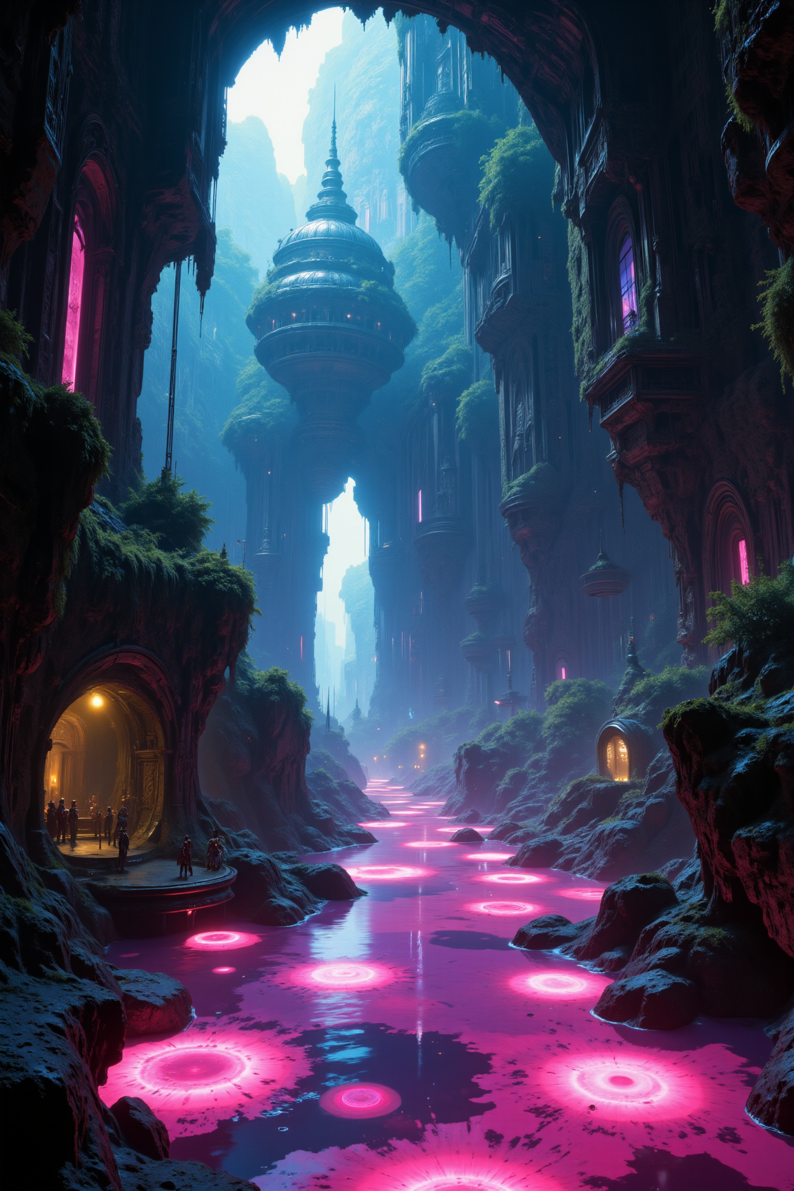 with pools of glowing water, with intricate textures and vibrant colors. The scene should include a rich variety of elements, each contributing to the overall atmosphere. Lighting should be soft, diffused, and natural, enhancing the depth and realism of the scene. The mood is to be calm yet vibrant, creating a sense of serenity and wonder. Every detail in the scene should be meticulously rendered, emphasizing the contrast between light and shadow, and capturing the fine textures and subtle gradients. The color palette should be carefully chosen to evoke emotion, with each hue enhancing the aesthetic appeal of the overall composition. The final image should be immersive and captivating, drawing the viewer into its intricately detailed world.