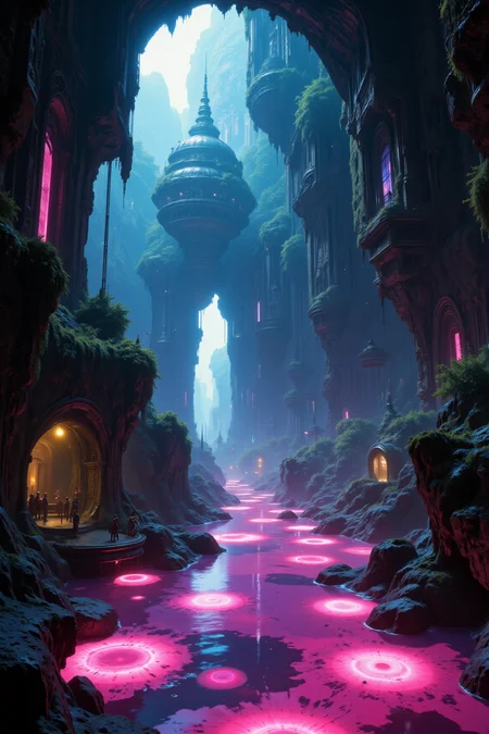 with pools of glowing water, with intricate textures and vibrant colors. The scene should include a rich variety of elements, each contributing to the overall atmosphere. Lighting should be soft, diffused, and natural, enhancing the depth and realism of the scene. The mood is to be calm yet vibrant, creating a sense of serenity and wonder. Every detail in the scene should be meticulously rendered, emphasizing the contrast between light and shadow, and capturing the fine textures and subtle gradients. The color palette should be carefully chosen to evoke emotion, with each hue enhancing the aesthetic appeal of the overall composition. The final image should be immersive and captivating, drawing the viewer into its intricately detailed world.