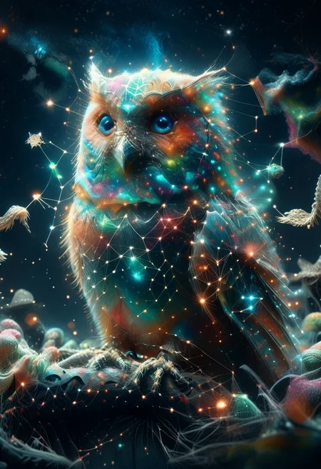 a cute chibby chicken mixed with a owl with big rainbow eyes made star constellations, it wears a cool rainbow bandana, very detailed, 4k, sharp, eating rainbow worms, novuschroma51 style, (starry night), starry_morph