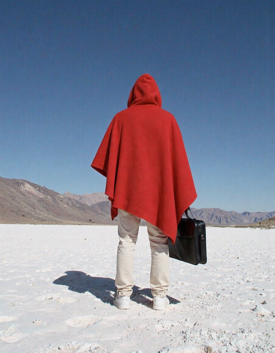 A photograph from behind, back of a person in a bright red mantle, mantle is very baggy, huge hanging sleeves, standing in a completely white desert, white sand, the sky is smooth blue. holding a black briefcase.